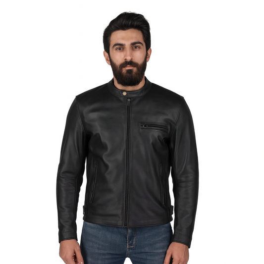 Men’s Classic Black Cafe Racer Leather Jacket – Minimalist Biker Style