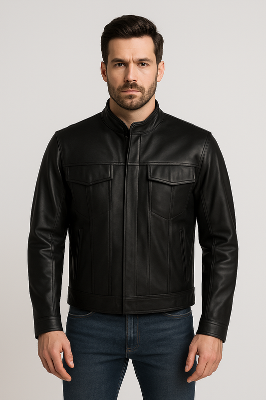 Classic Black Leather Biker Jacket for Men – Military Pocket Design