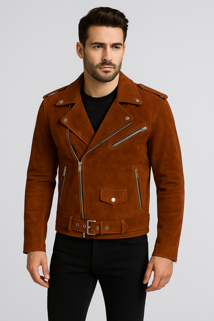 Men’s Classic Brown Suede Biker Jacket with Asymmetrical Zipper