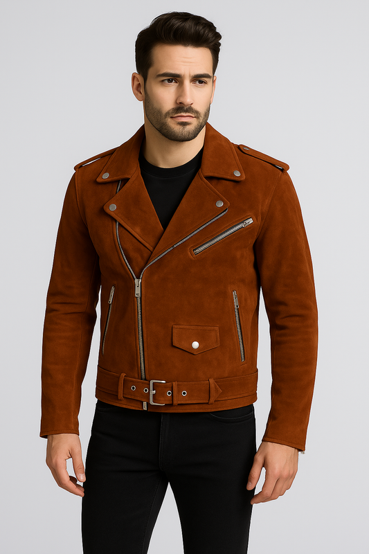 Men’s Classic Brown Suede Biker Jacket with Asymmetrical Zipper