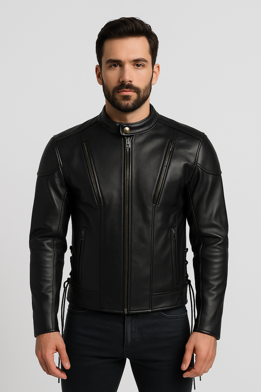 Men’s Classic Black Leather Motorcycle Jacket with Zippered Pockets and Side Laces