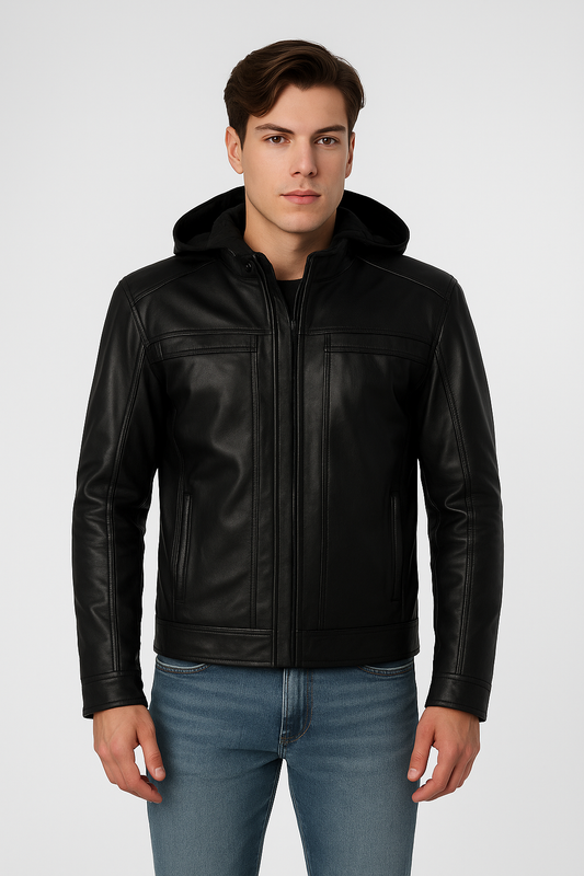 Men's Black Leather Jacket with Detachable Hood – Urban Street Style
