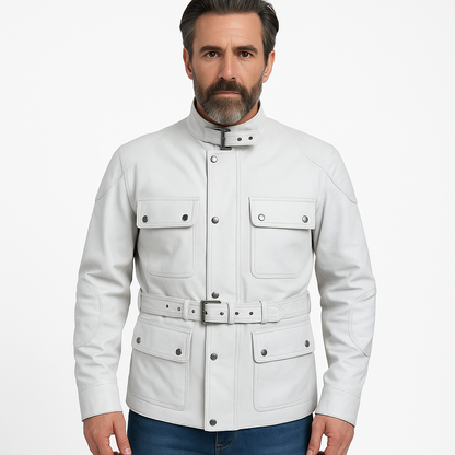 Men's White Leather Safari Belted Jacket – Military-Inspired Elegance