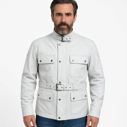 Men's White Leather Safari Belted Jacket – Military-Inspired Elegance