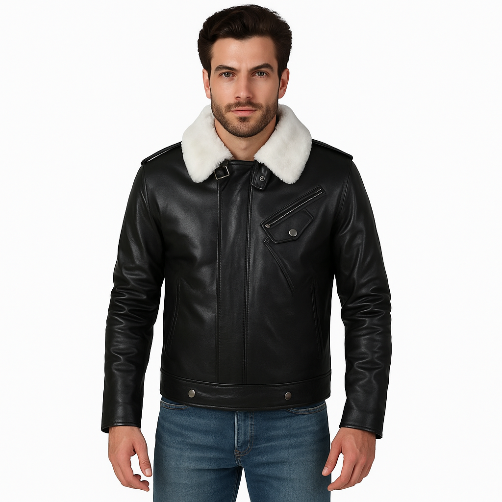 Men's Black Leather Aviator Jacket with White Fur Collar