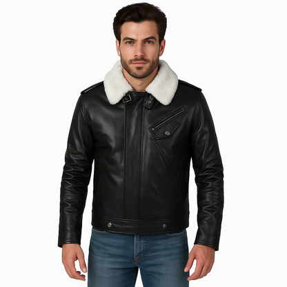 Men's Black Leather Aviator Jacket with White Fur Collar