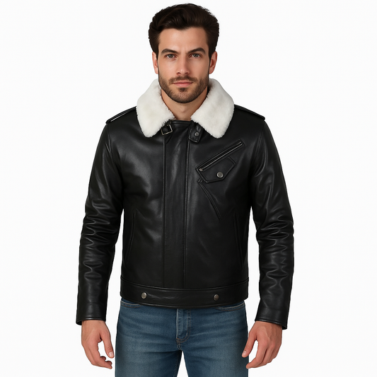 Men's Black Leather Aviator Jacket with White Fur Collar
