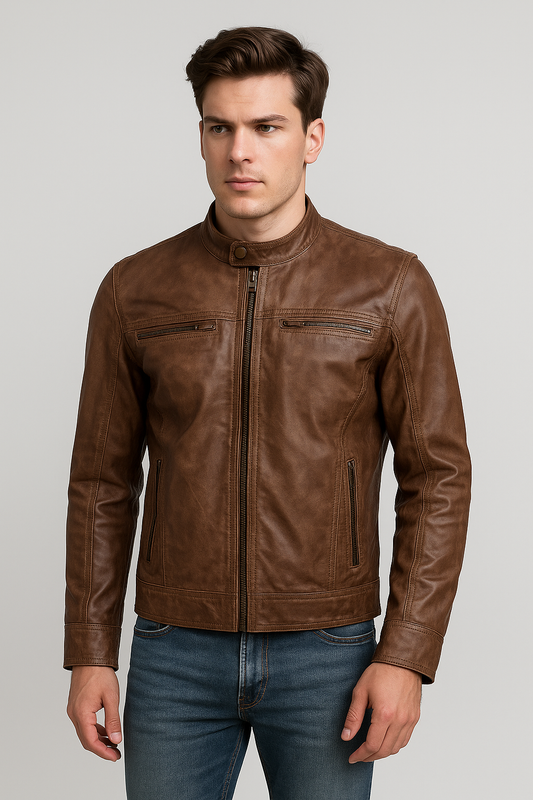 Vintage Brown Leather Biker Jacket for Men – Classic Café Racer Style