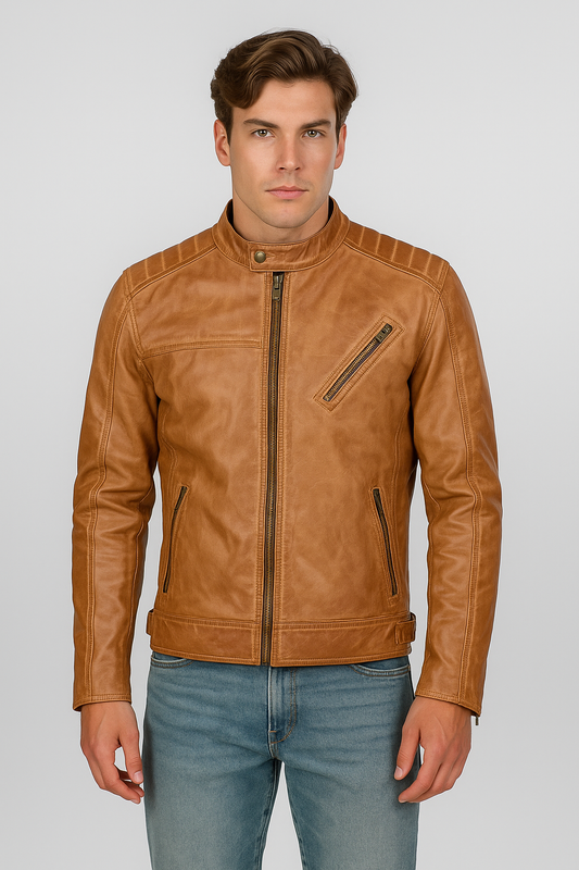 Vintage Tan Distressed Leather Jacket for Men – Slim Fit Biker Style
