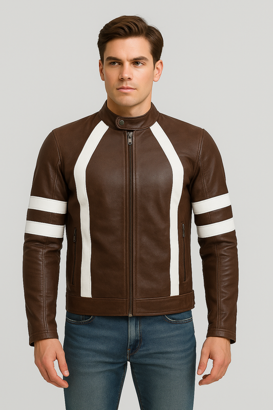 Vintage Brown Leather Biker Jacket with White Racing Stripes for Men
