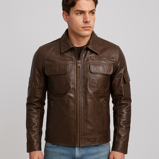 Vintage Brown Multi-Pocket Leather Jacket for Men