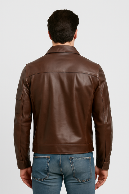 Vintage Brown Multi-Pocket Leather Jacket for Men