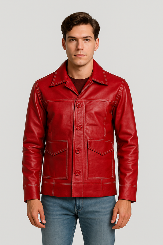 Vintage Crimson Button-Up Leather Jacket for Men