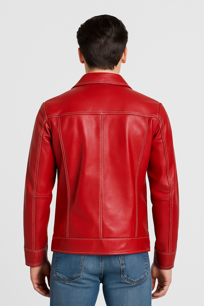 Vintage Crimson Button-Up Leather Jacket for Men
