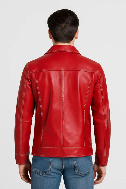 Vintage Crimson Button-Up Leather Jacket for Men Custom Leathers