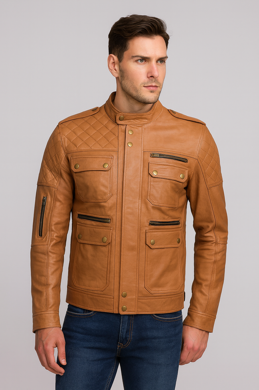 Tan Quilted Shoulder Military-Style Leather Jacket for Men