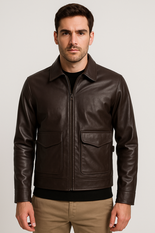 Classic Brown Leather Field Jacket for Men