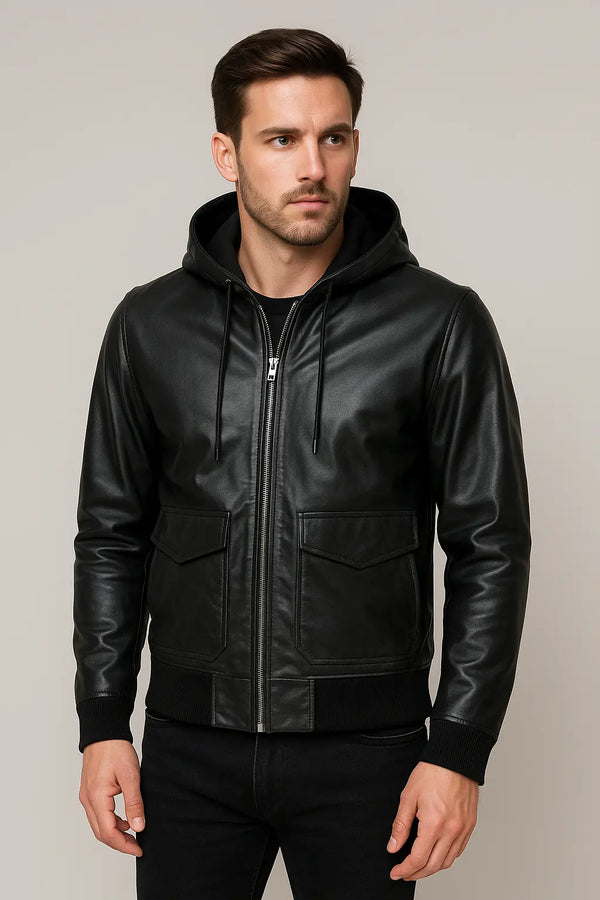 Classic Black Leather Hoodie Jacket for Men Custom Leathers