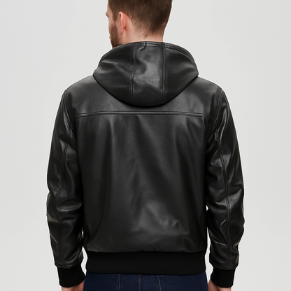 Classic Black Leather Hoodie Jacket for Men