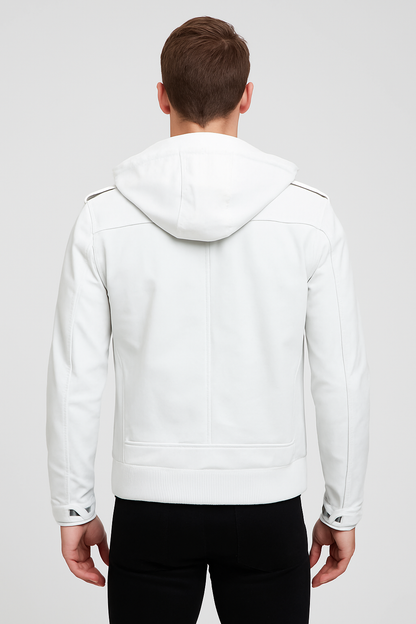 Men's White Hooded Asymmetrical Leather Jacket
