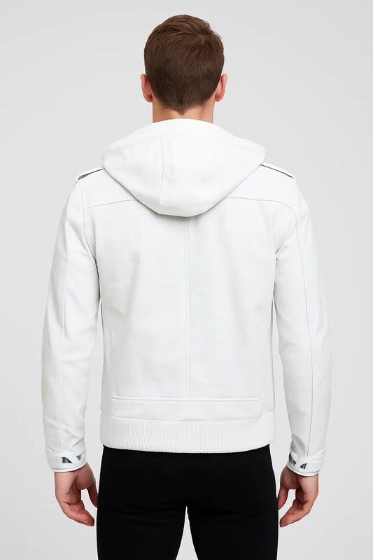 Men's White Hooded Asymmetrical Leather Jacket Custom Leathers