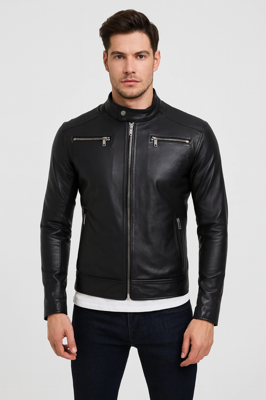 Men's Sleek Black Leather Biker Jacket with Zip Accents