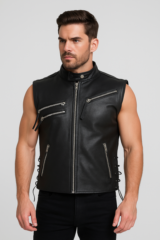 Men’s Leather Biker Vest with Zipper Details and Side Laces