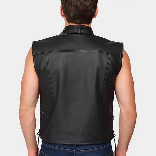 Men’s Leather Biker Vest with Zipper Details and Side Laces Custom Leathers