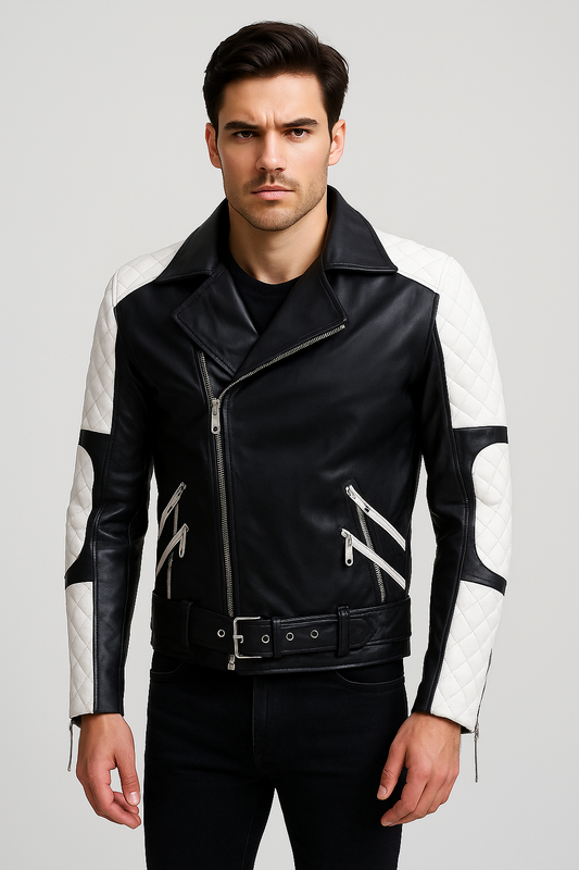 Two-Tone Quilted Biker Leather Jacket for Men – Black & White