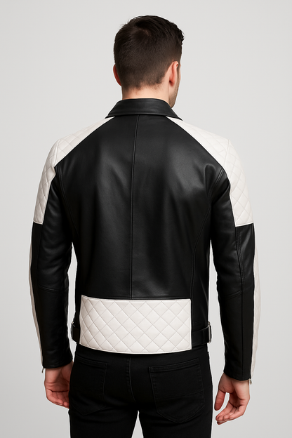 Two-Tone Quilted Biker Leather Jacket for Men – Black & White