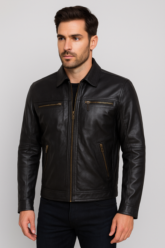 Classic Black Leather Jacket with Multiple Zipper Pockets