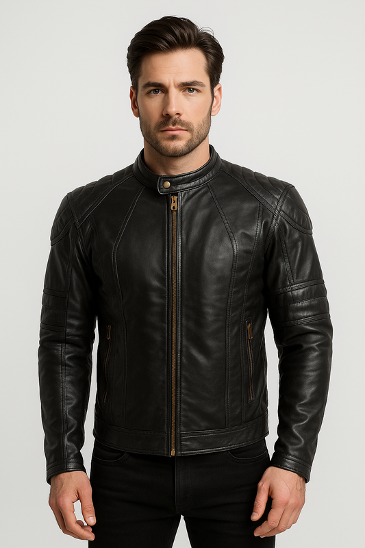 Men's Black Leather Moto Jacket with Quilted Shoulder Detail