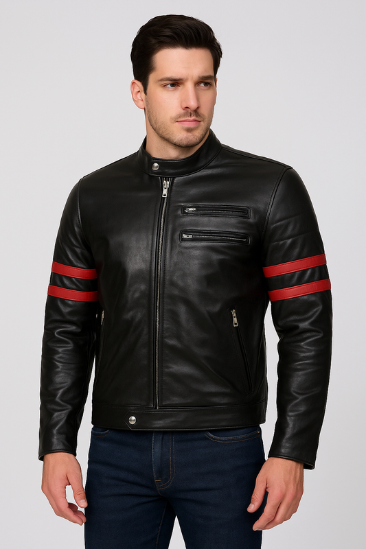 Men's Black Leather Jacket with Bold Red Arm Stripes