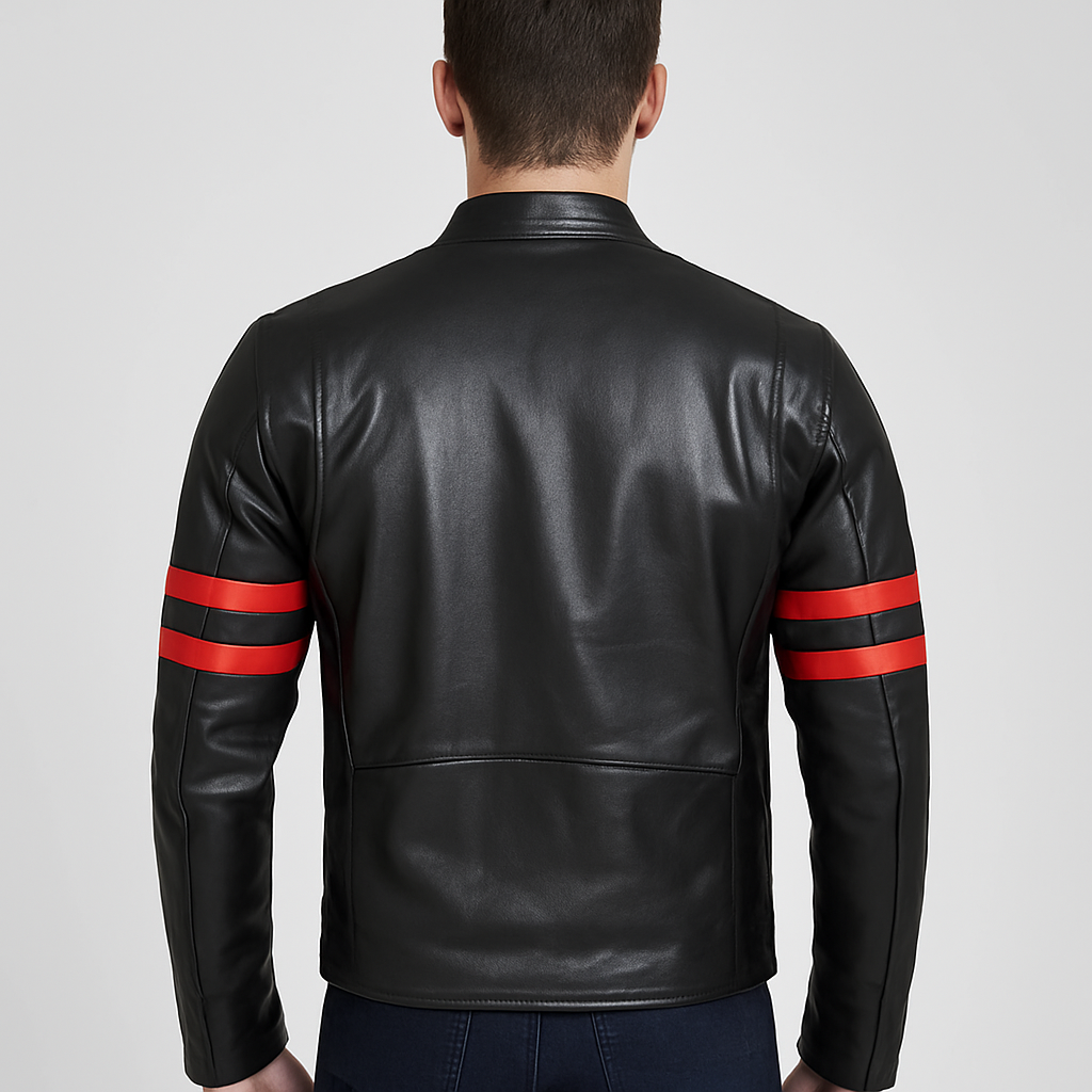 Men's Black Leather Jacket with Bold Red Arm Stripes