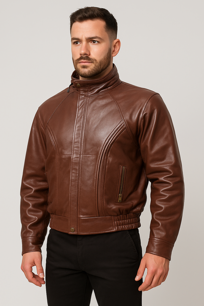 Men's Premium Brown Leather Bomber Jacket – High Collar with Elastic Waist