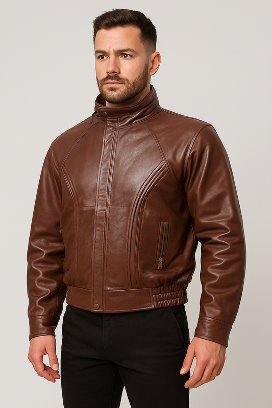 Men's Premium Brown Leather Bomber Jacket – High Collar with Elastic Waist
