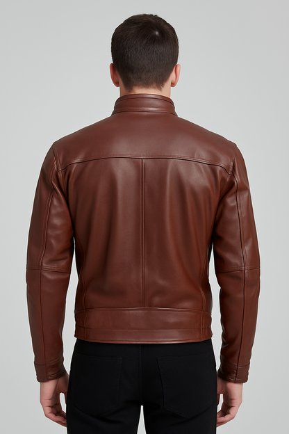Men's Premium Brown Leather Bomber Jacket – High Collar with Elastic Waist