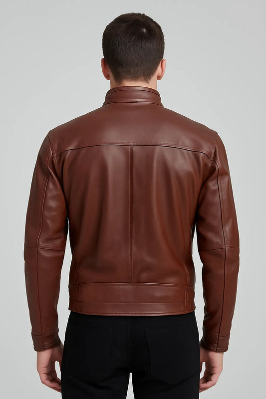 Men's Premium Brown Leather Bomber Jacket – High Collar with Elastic Waist Custom Leathers