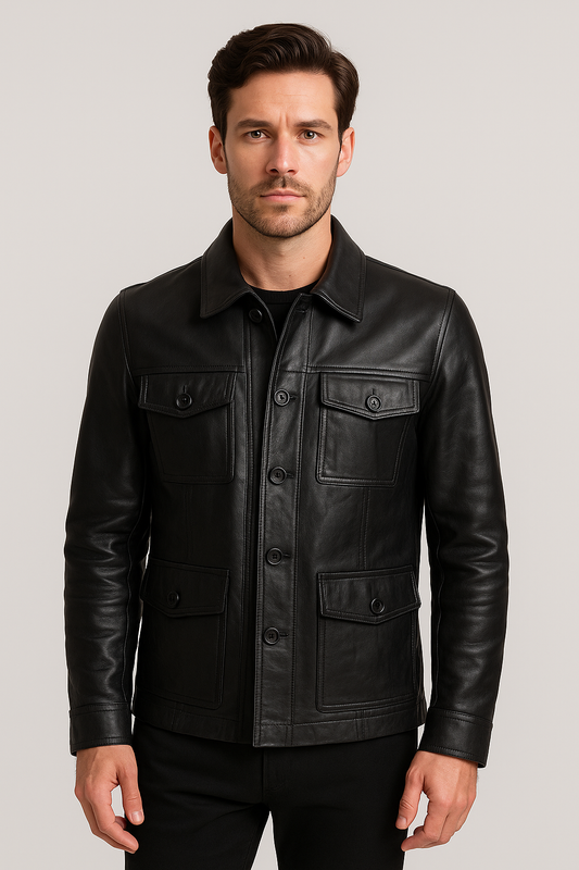 Men's Classic Black Leather Utility Jacket with Button-Up Design