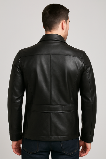 Men's Classic Black Leather Utility Jacket with Button-Up Design
