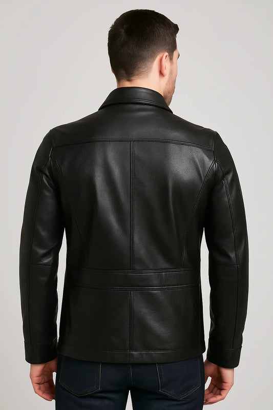 Men's Classic Black Leather Utility Jacket with Button-Up Design Custom Leathers