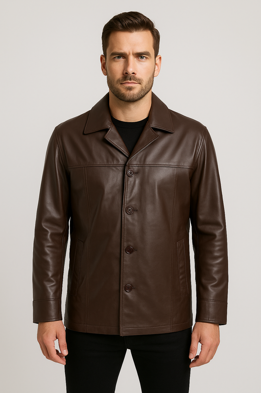 Classic Brown Button-Up Leather Jacket for Men