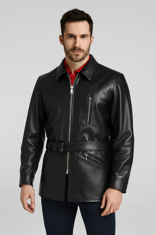 Men's Black Belted Leather Jacket