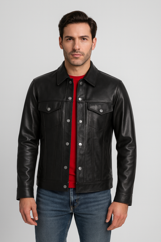 Classic Black Leather Button-Up Jacket for Men