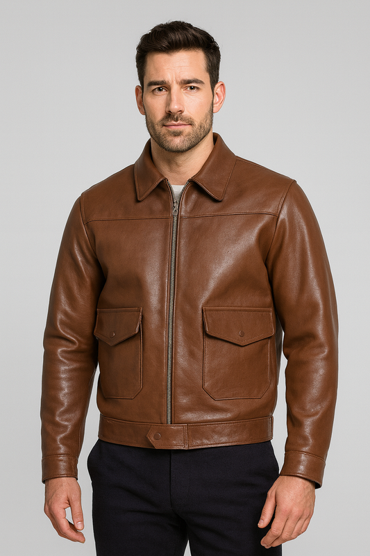 Vintage Brown Leather Bomber Jacket for Men