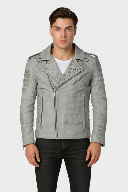 Urban Silver Quilted Biker Leather Jacket for Men