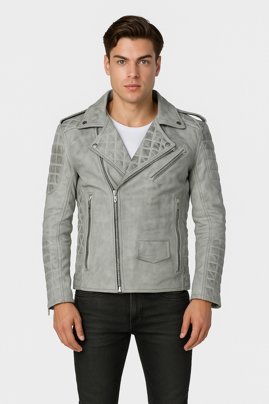 Urban Silver Quilted Biker Leather Jacket for Men