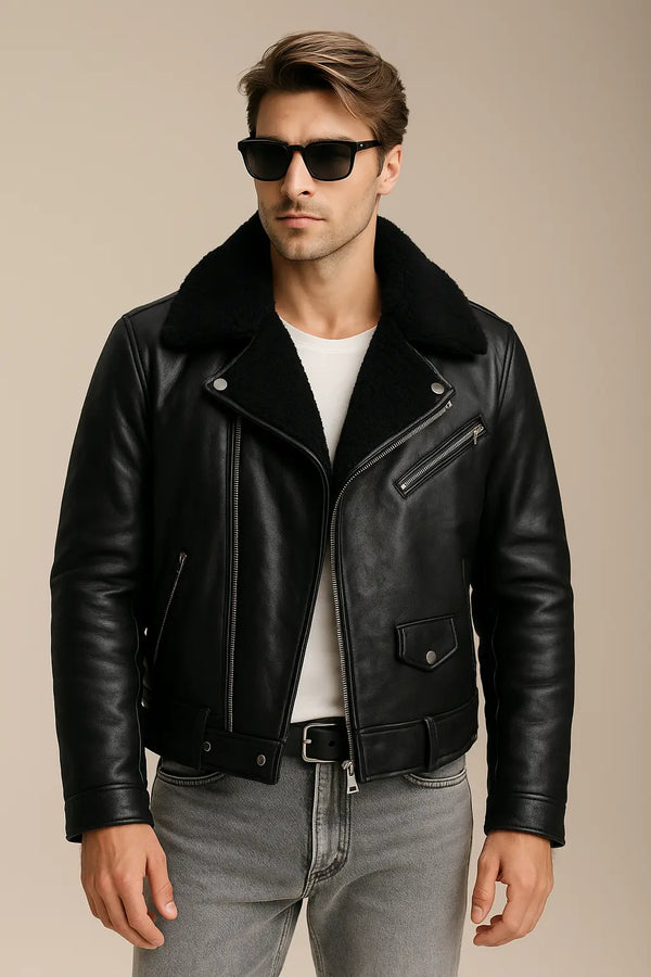 Men's Classic Black Shearling-Lined Aviator Leather Jacket Custom Leathers