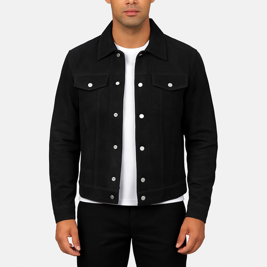 Classic Black Suede Button-Up Men's Jacket