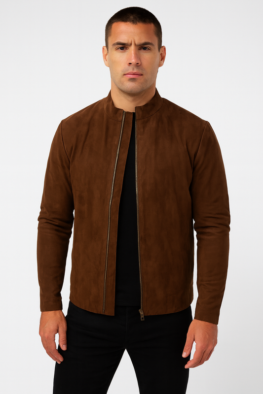 Men's Classic Brown Suede Leather Jacket – Minimalist Stand Collar Design